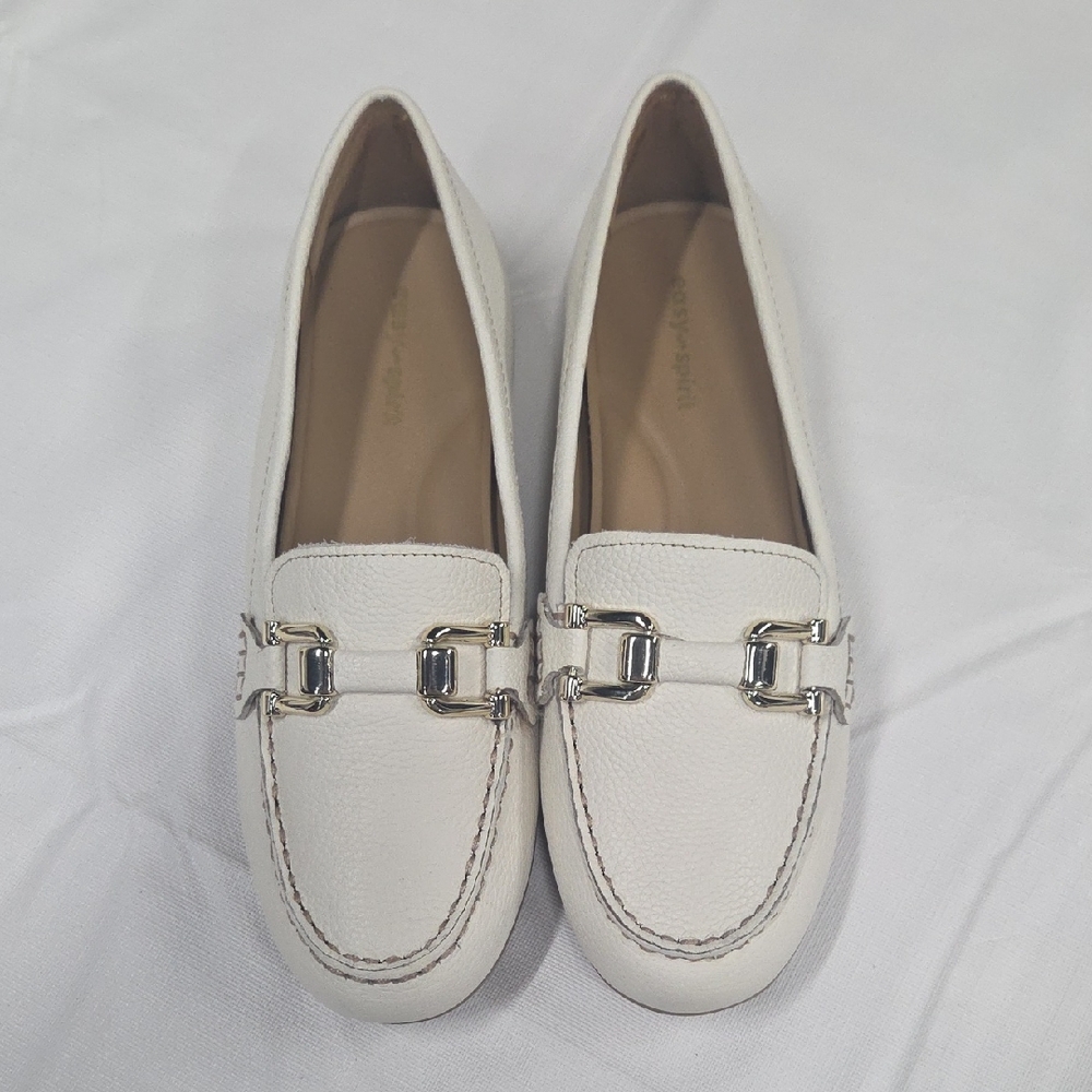 Easy Spirit Cream Loafers with Silver Buckles